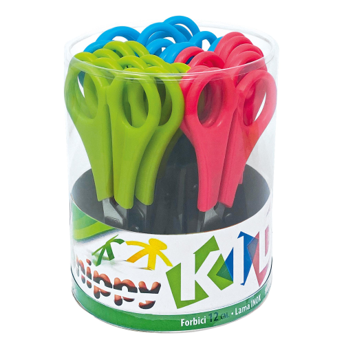 LEBEZ FORBICI CENTIMETRATE 13.5 CM LAMA IN ACCIAIO BARATTOLO IN 3 COLORI ROSSO GIALLO E VERDE CONF. 24 Pz.